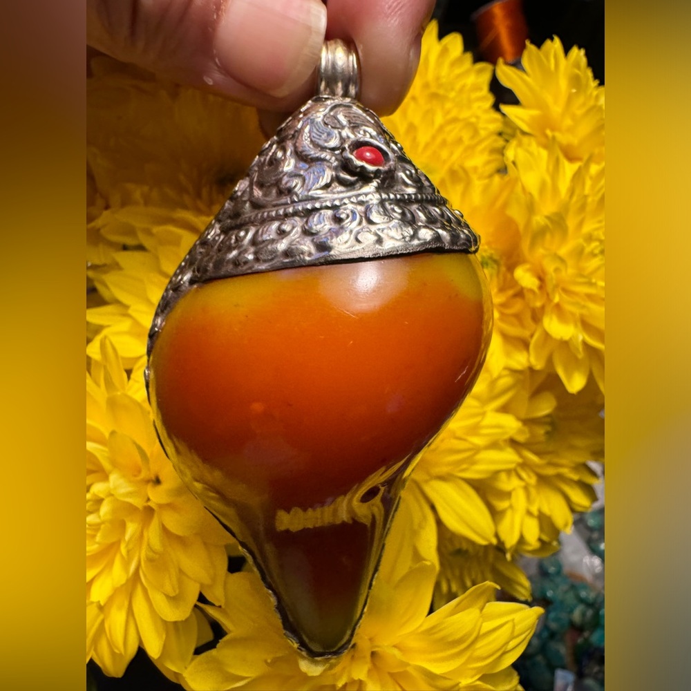 Vintage hand carved Mango shape pendent with Amber tone & Tibetan silver jewelry